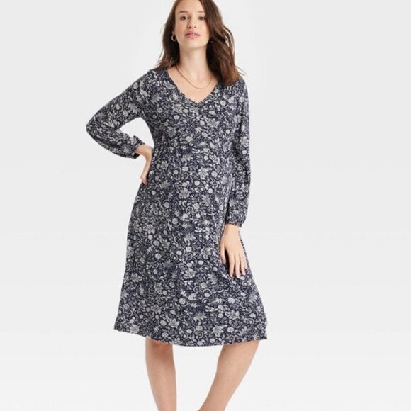 Target Ingrid + Isabel Smocked Shoulder Knit Maternity Midi Dress Floral Blue S - Picture 1 of 3